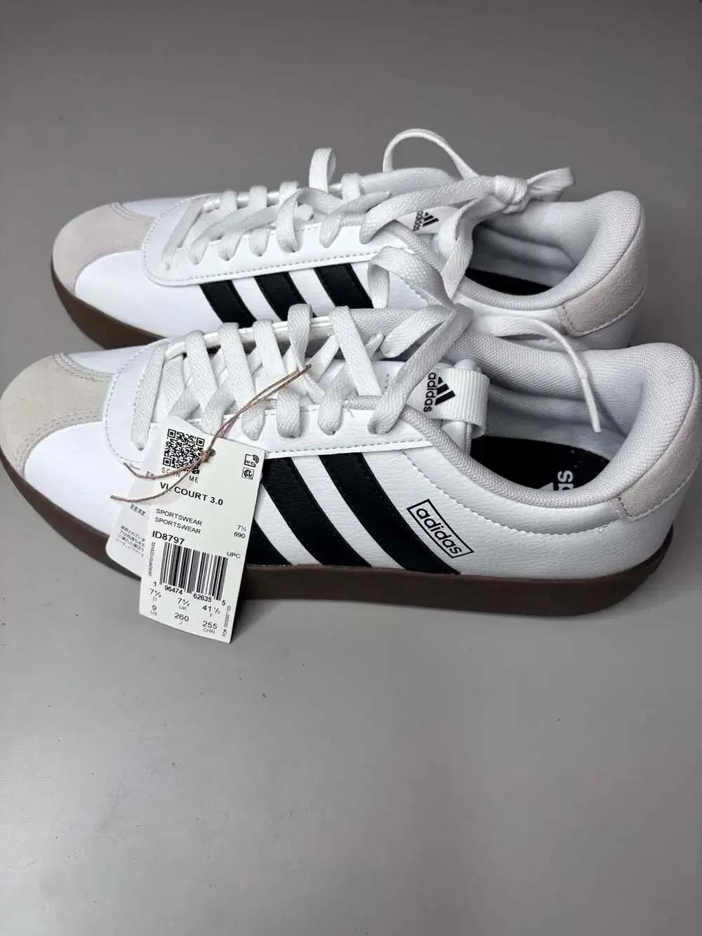 Adidas VL Court 3.0 White Black Gum Sneakers Size 9